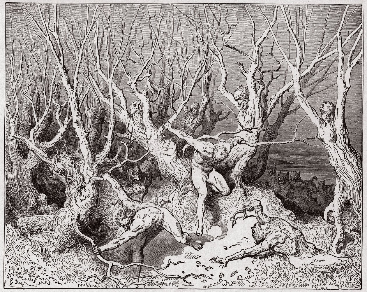 Jumalallinen komedia (La Divina Commedia, La Divine Comedie), Inferno, Canto 13: Itsemurhat pakenevat metsästä - Dante Alighieri (1265-1321) - Kuvitus Gustave Dore (1832-1883) tekijältä Gustave Dore