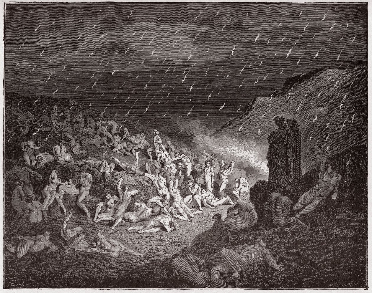 Jumalallinen komedia (La Divina Commedia, La Divine Comedie), Inferno, Canto 14: Väkivaltainen, tulisateessa kiusattu - Dante Alighieri (1265-1321) - Gustave Doren (1832-1883) kuvitus tekijältä Gustave Dore
