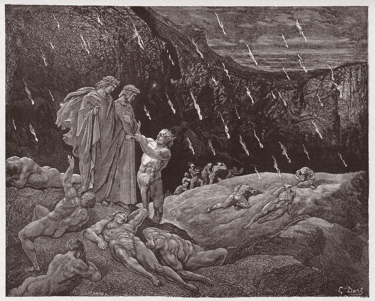 Jumalallinen komedia (La Divina Commedia, La Divine Comedie), Inferno, Canto 15: Brunetto Latini esittää Dantea - kirjoittanut Dante Alighieri (1265-1321) - kuvitus Gustave Doresta (1832-1883) tekijältä Gustave Dore