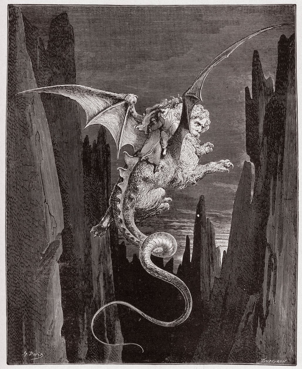 Jumalallinen komedia (La Divina Commedia, La Divine Comedie), Inferno, Canto 17: Laskeutuminen kuiluun Geryonin selässä - Dante Alighieri (1265-1321) - Kuvitus Gustave Dore (1832-1883) tekijältä Gustave Dore