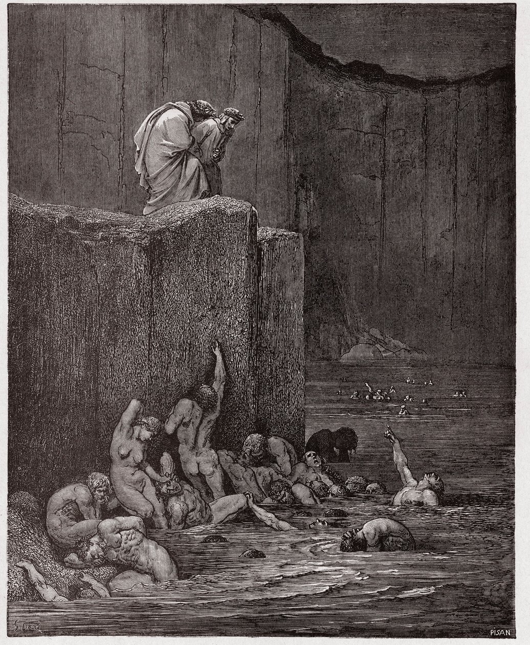 Jumalallinen komedia (La Divina Commedia, La Divine Comedie), Inferno, Canto 18: Paramours ja imartelijat kahdeksannessa ympyrässä - Dante Alighieri (1265-1321) - Kuvitus Gustave Dore (1832-1883) tekijältä Gustave Dore