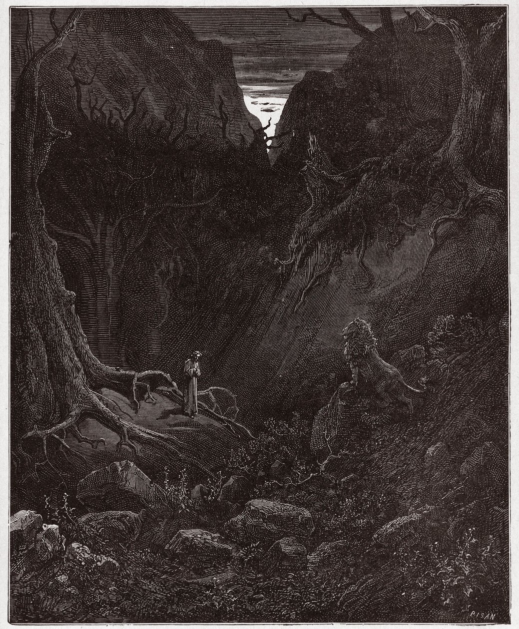 Jumalallinen komedia (La Divina Commedia, La Divine Comedie), Inferno, Canto 1: Leijona kohtaa yhtäkkiä Dante - kirjoittanut Dante Alighieri (1265-1321) - Gustave Doren (1832-1883) kuvitus tekijältä Gustave Dore