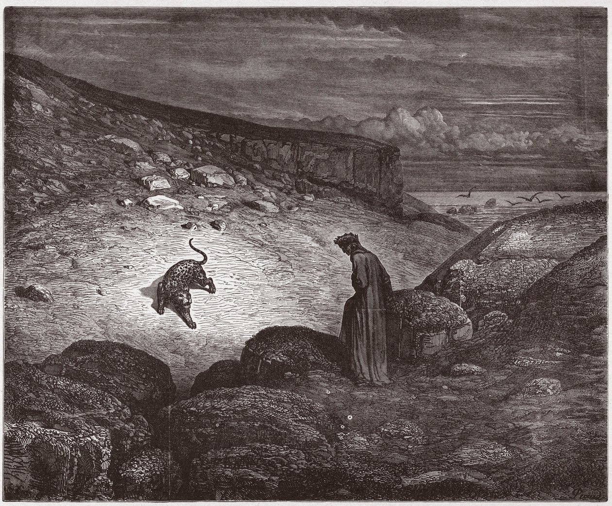 Jumalallinen komedia (La Divina Commedia, La Divine Comedie), Inferno, Canto 1: Pantteri nousun alussa - Dante Alighieri (1265-1321) - Kuvitus Gustave Dore (1832-1883) tekijältä Gustave Dore