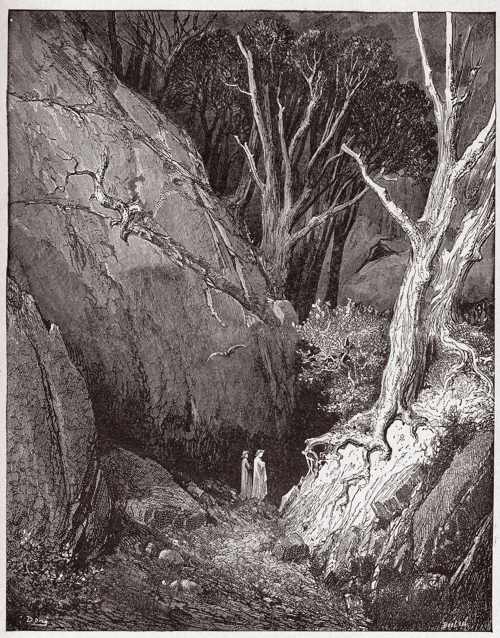 Jumalallinen komedia (La Divina Commedia, La Divine Comedie), Inferno, Canto 1: Vergilius ja Dante aloittavat matkansa - Dante Alighieri (1265-1321) - Kuvitus Gustave Doresta (1832-1883) tekijältä Gustave Dore