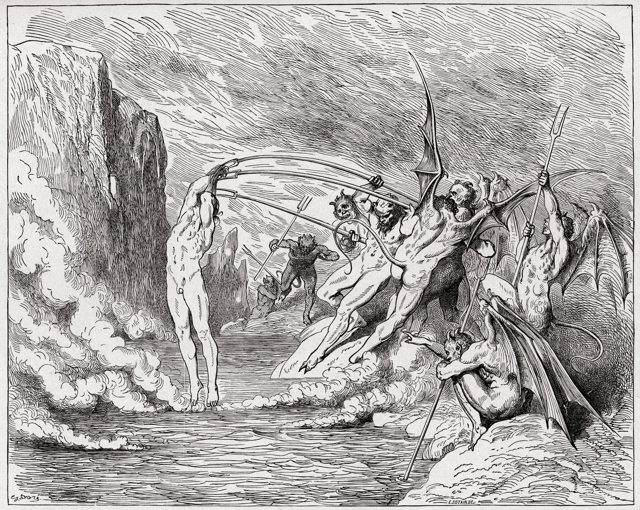 Jumalallinen komedia (La Divina Commedia, La Divine Comedie), Inferno, Canto 21: Paholaiset piinaavat barratoreita - Dante Alighieri (1265-1321) - Kuvitus Gustave Dore (1832-1883) tekijältä Gustave Dore