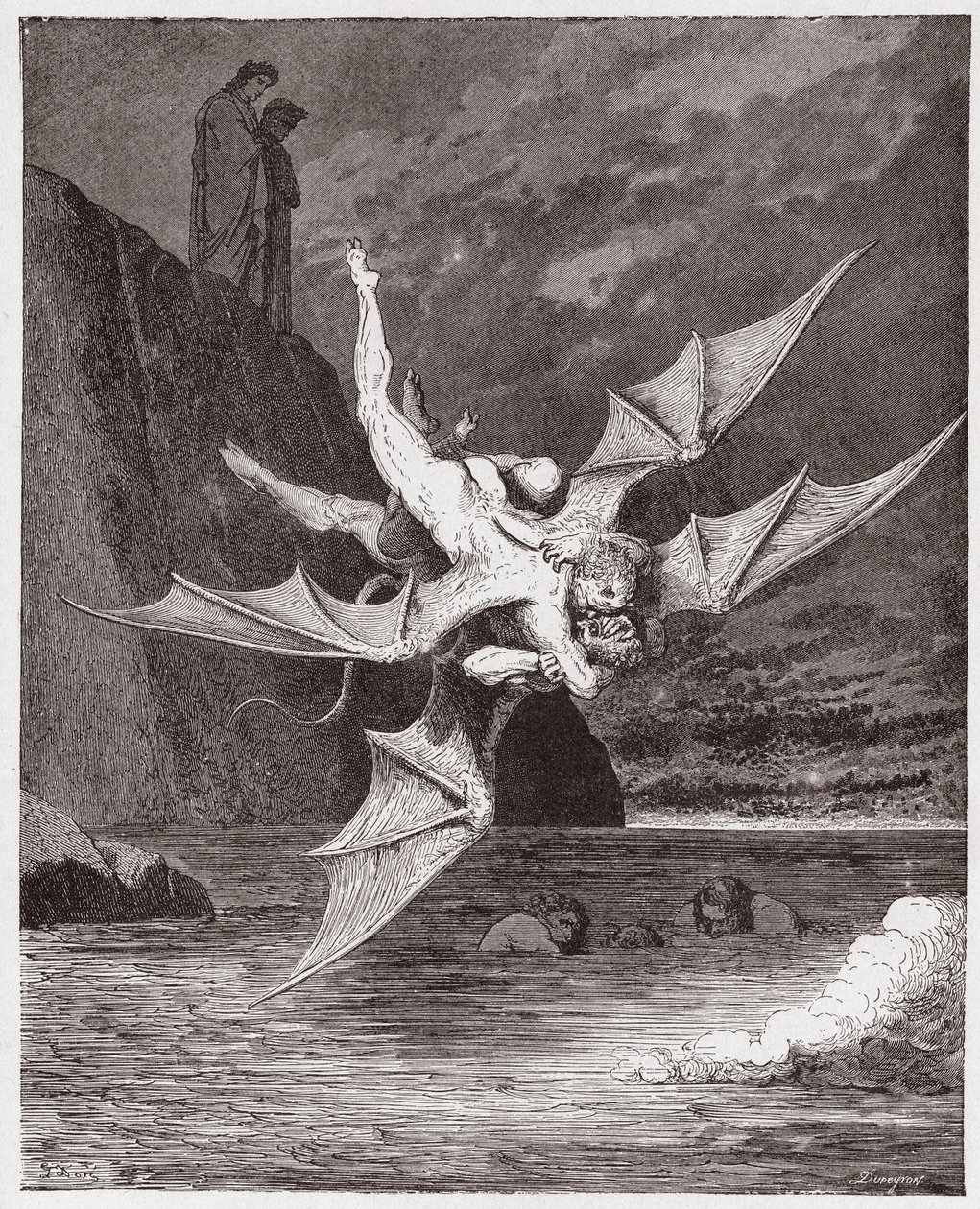 Jumalallinen komedia (La Divina Commedia, La Divine Comedie), Inferno, Canto 22: Alichino ja Calcabrina kouravat kentän yläpuolella - Dante Alighieri (1265-1321) - Kuvitus Gustave Dore (1832-1883) tekijältä Gustave Dore
