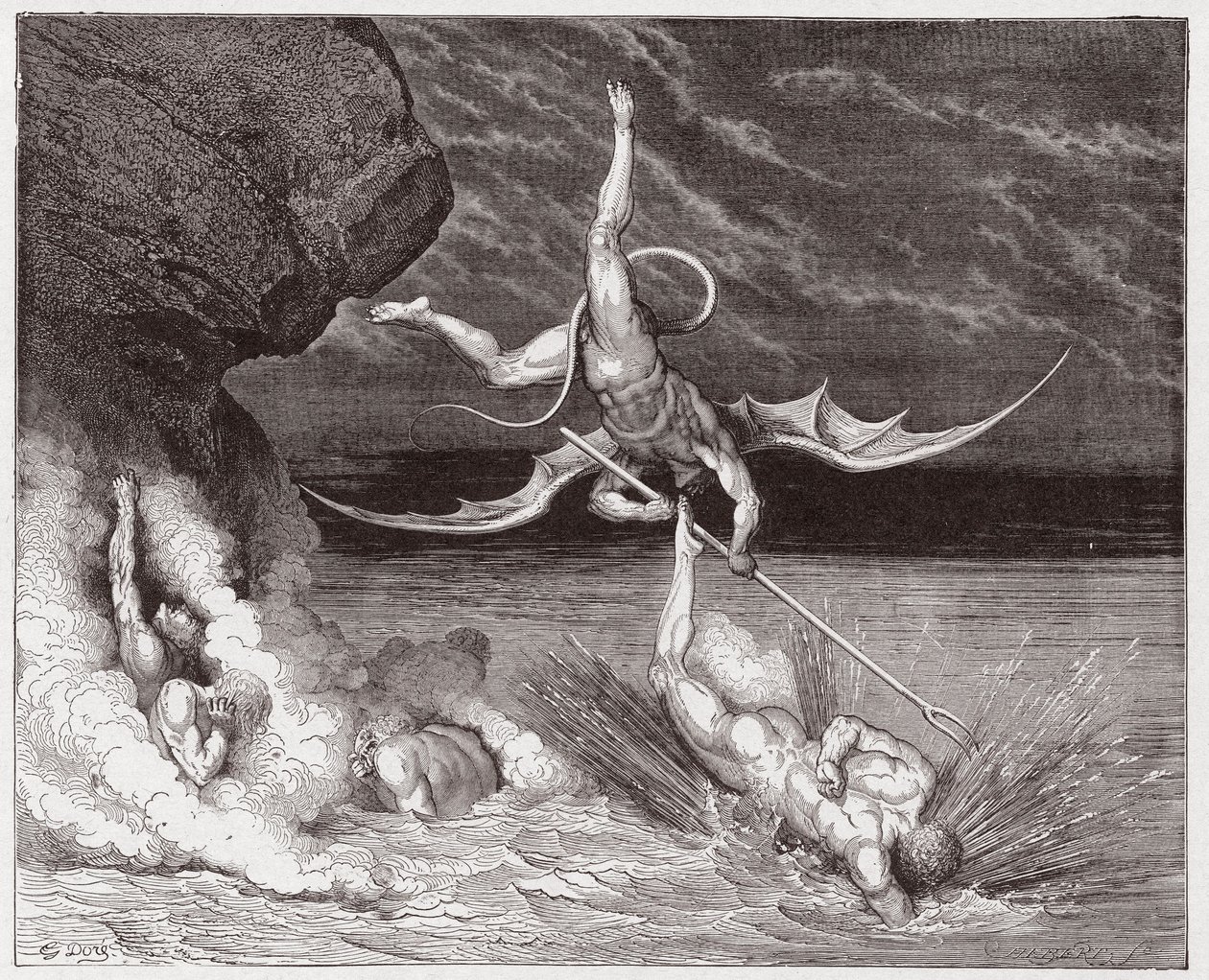 Jumalallinen komedia (La Divina Commedia, La Divine Comedie), Inferno, Canto 22: Ciampolo pakenee demoni Alichinoa viidennessä bolgiassa - Dante Alighieri (1265-1321) - Kuvitus Gustave Doresta (1832-1883) tekijältä Gustave Dore