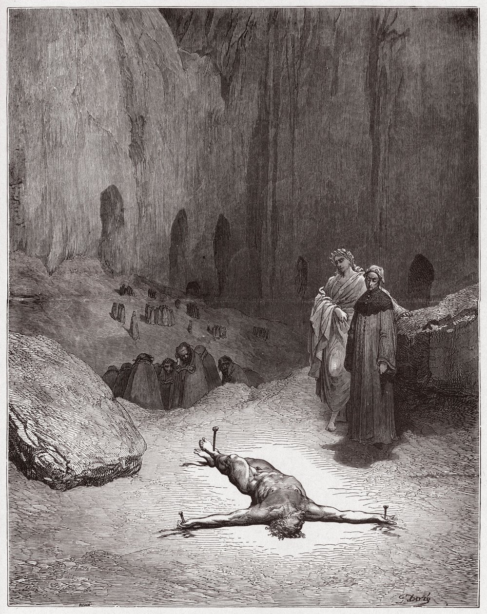 Jumalallinen komedia (La Divina Commedia, La Divine Comedie), Inferno, Canto 23: Ristiinnaulittu fariseus tekopyhien joukossa - Dante Alighieri (1265-1321) - Gustave Doren (1832-1883) kuvitus tekijältä Gustave Dore