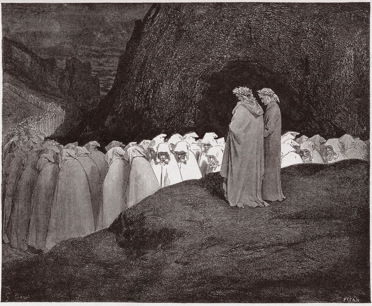 Jumalallinen komedia (La Divina Commedia, La Divine Comedie), Inferno, Canto 23: Tekopyhät puhuvat Dantesta - Dante Alighieri (1265-1321) - Kuvitus Gustave Doresta (1832-1883) tekijältä Gustave Dore