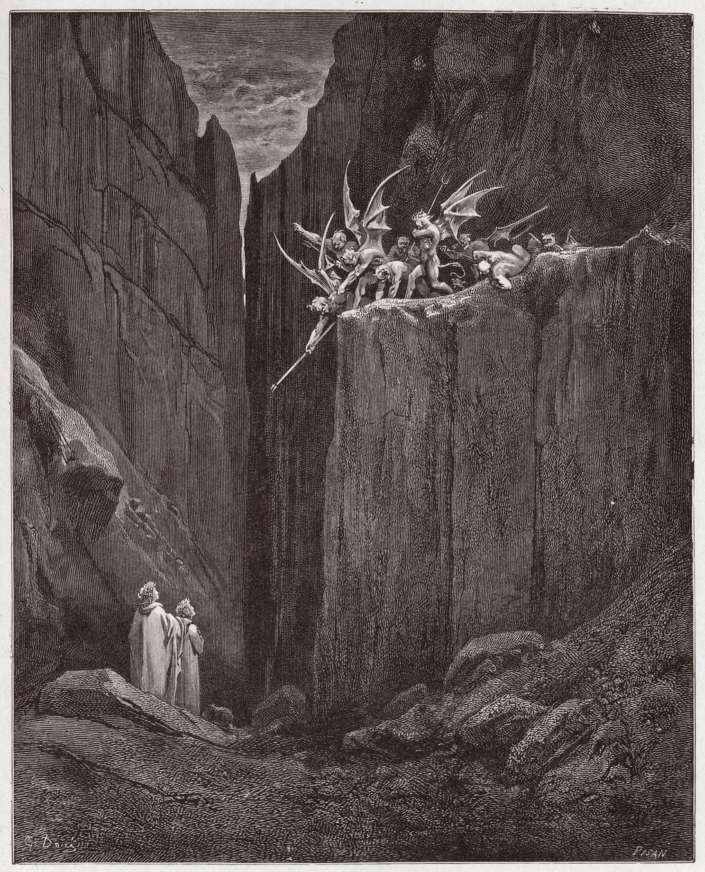 Jumalallinen komedia (La Divina Commedia, La Divine Comedie), Inferno, Canto 23: Runoilijat pakenevat viidennen bolgian demoneja - Dante Alighieri (1265-1321) - Gustave Doren (1832-1883) kuvitus tekijältä Gustave Dore