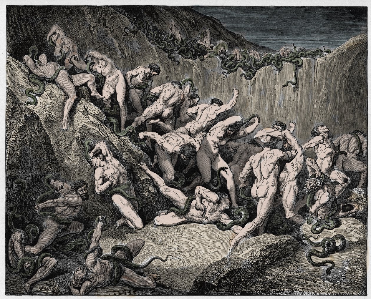 Jumalallinen komedia (La Divina Commedia, La Divine Comedie), Inferno, Canto 24 : Käärmeiden kiusamat varkaat - Dante Alighieri (1265-1321) - Gustave Doren (1832-1883) kuvitus tekijältä Gustave Dore