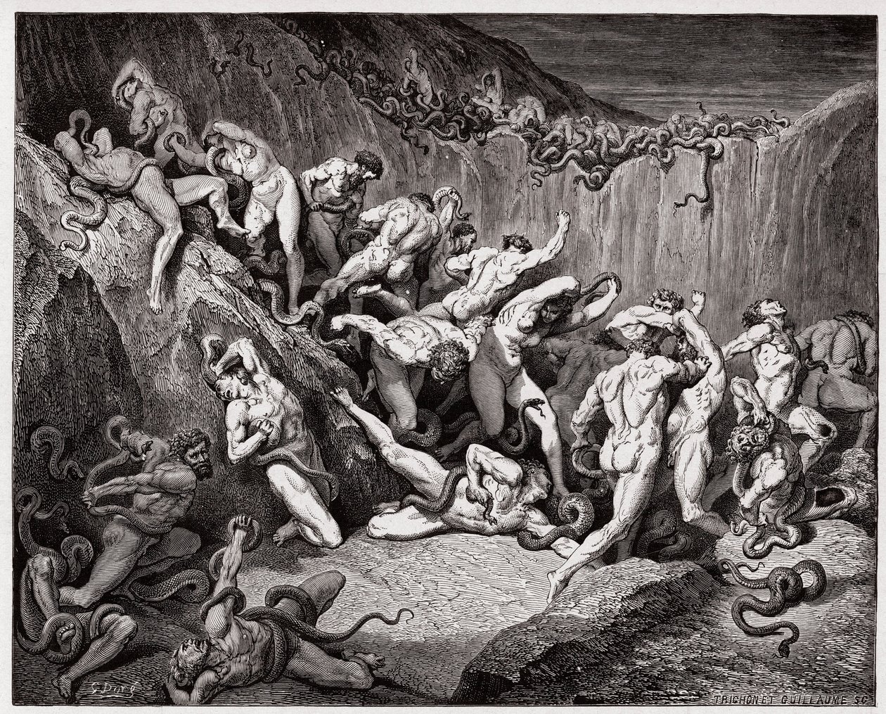 Jumalallinen komedia (La Divina Commedia, La Divine Comedie), Inferno, Canto 24: Käärmeiden kiusamat varkaat - Dante Alighieri (1265-1321) - Gustave Doren (1832-1883) kuvitus tekijältä Gustave Dore