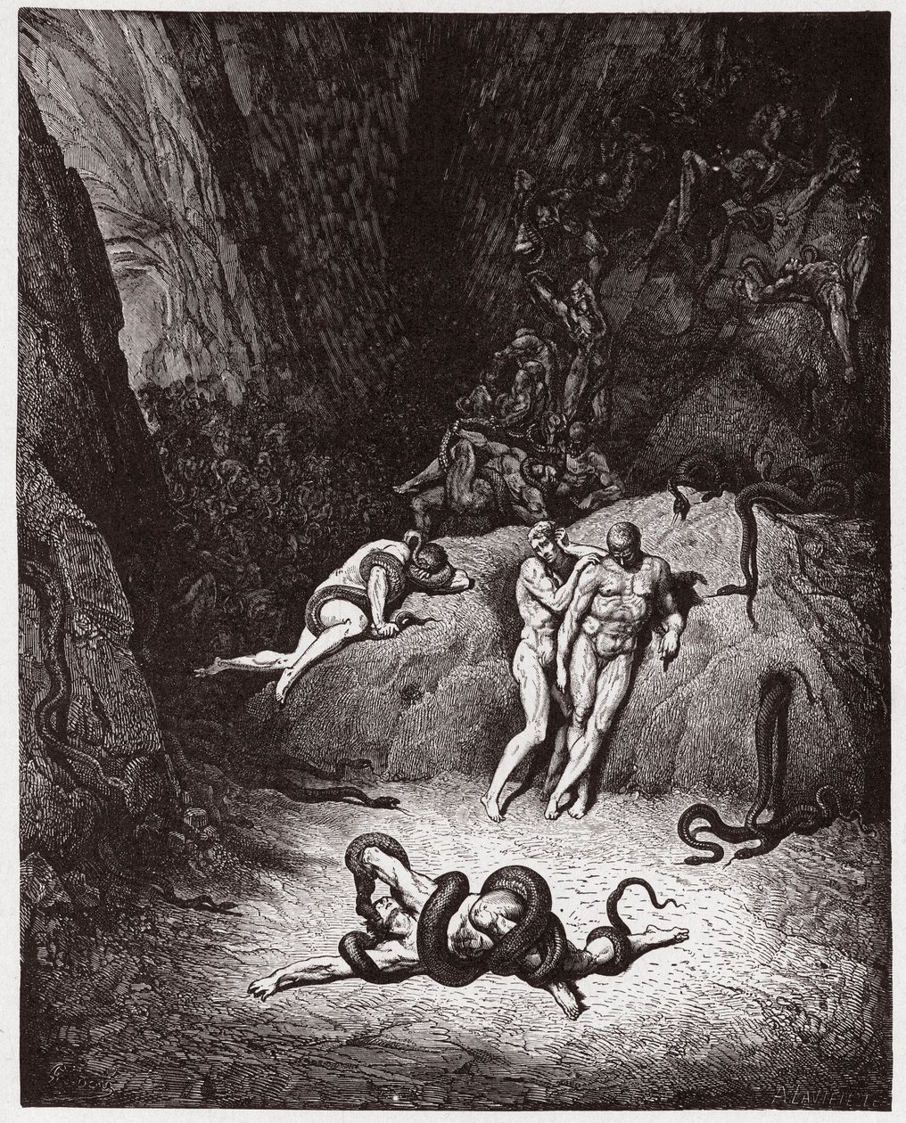 Jumalallinen komedia (La Divina Commedia, La Divine Comedie), Inferno, Canto 25: Agnello muuttumassa käärmeeksi - Dante Alighieri (1265-1321) - Kuvitus Gustave Dore (1832-1883) tekijältä Gustave Dore
