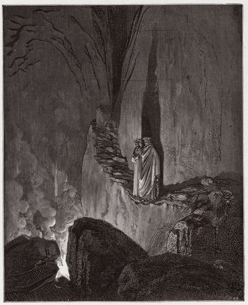 Jumalallinen komedia (La Divina Commedia, La Divine Comedie), Inferno, Canto 26: Ulysseksen ja Diomeden liekehtivät henget - Dante Alighieri (1265-1321) - Kuvitus Gustave Dore (1832-1883) tekijältä Gustave Dore