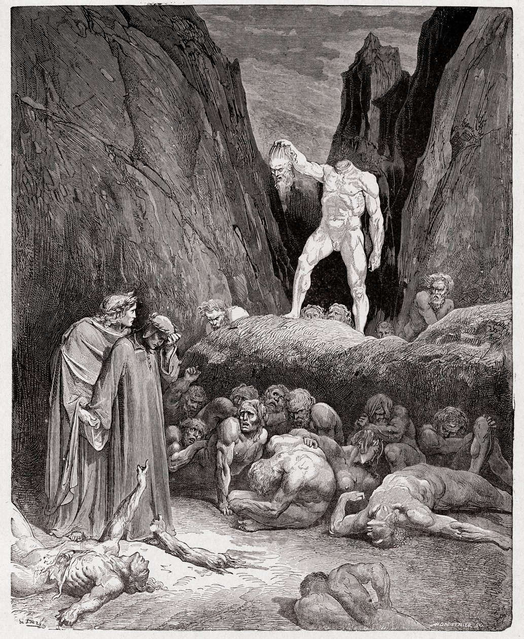 Jumalallinen komedia (La Divina Commedia, La Divine Comedie), Inferno, Canto 28: Bertrand de Bornin leikattu pää puhuu Dantelle - kirjoittanut Dante Alighieri (1265-1321) - kuvitus Gustave Doresta (1832-1883) tekijältä Gustave Dore