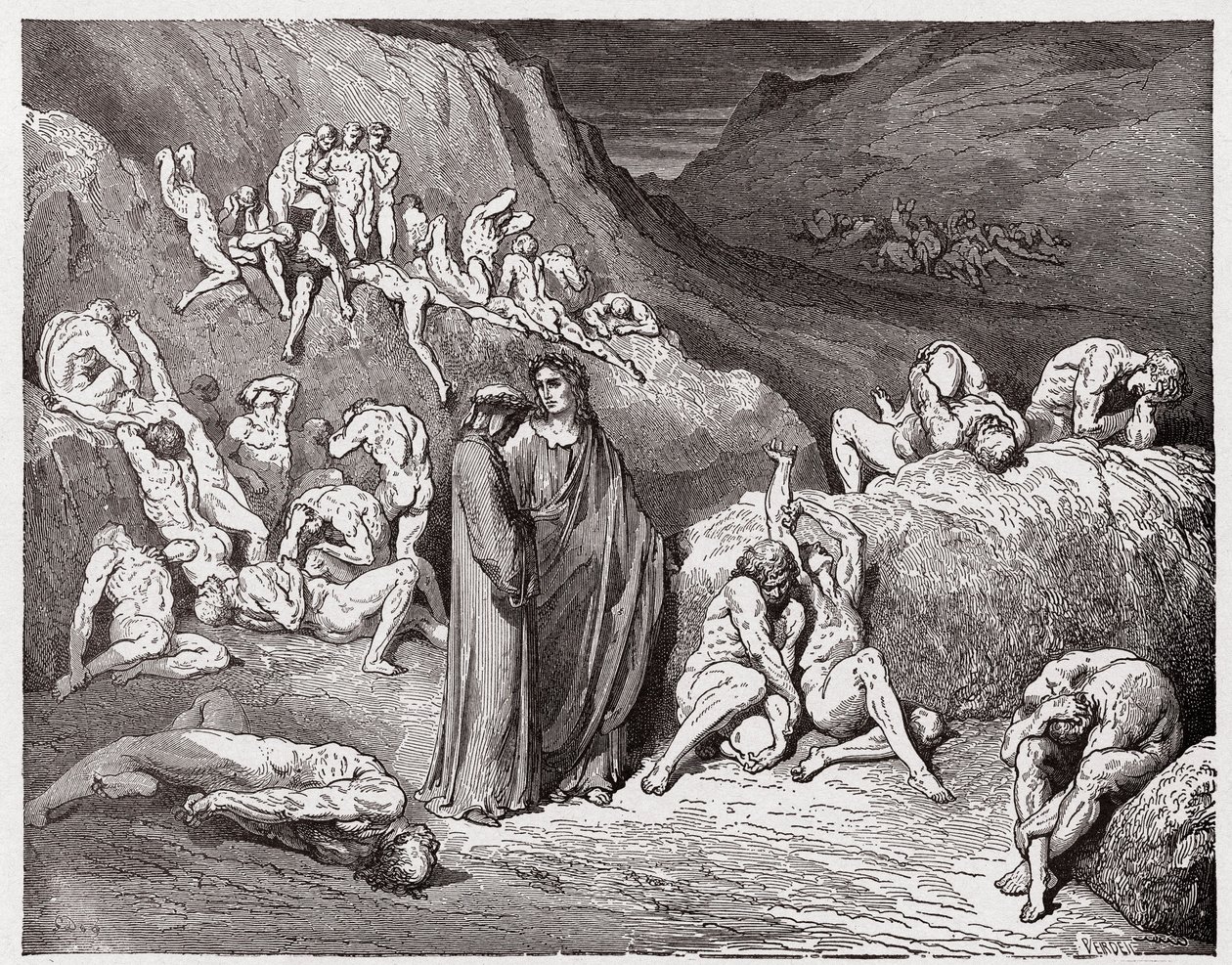 Jumalallinen komedia (La Divina Commedia, La Divine Comedie), Inferno, Canto 29: Kutina piinaavat väärentäjät ja väärentäjät - Dante Alighieri (1265-1321) - Kuvitus Gustave Dore (1832-1883) tekijältä Gustave Dore