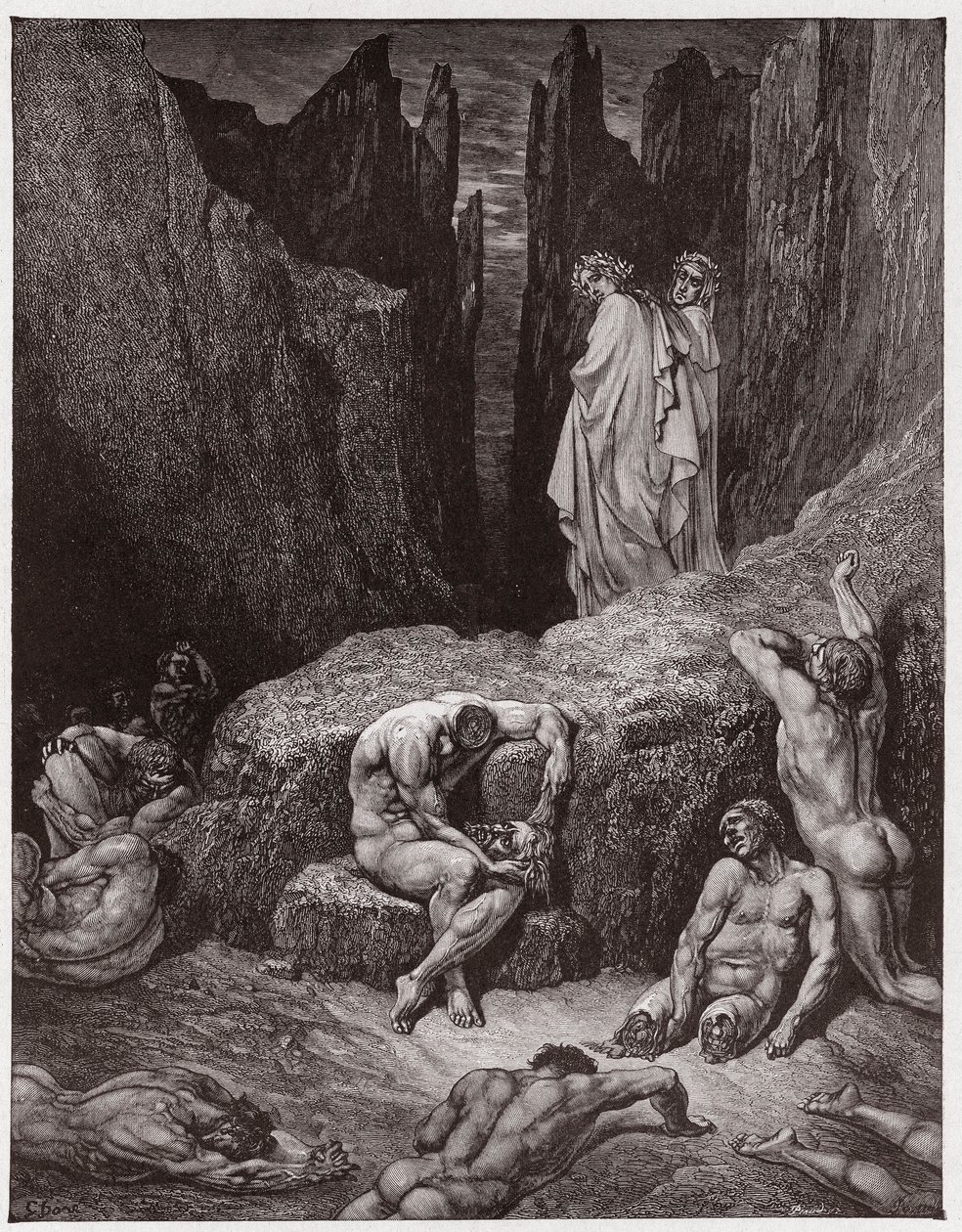 Jumalallinen komedia (La Divina Commedia, La Divine Comedie), Inferno, Canto 29: Vergilius nuhtelee Danten uteliaisuutta - Dante Alighieri (1265-1321) - Kuvitus: Gustave Dore (1832-1883) tekijältä Gustave Dore