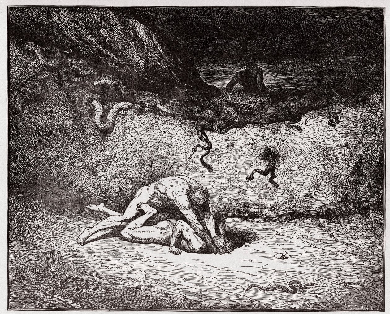 Jumalallinen komedia (La Divina Commedia, La Divine Comedie), Inferno, Canto 30: Väärentäjien piina yhdeksännessä bolgiassa (Gianni Schicchi) - Dante Alighieri (1265-1321) - Kuvitus Gustave Dore (1832-1883) tekijältä Gustave Dore