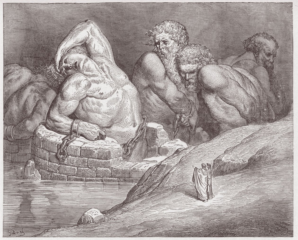 Jumalallinen komedia (La Divina Commedia, La Divine Comedie), Inferno, Canto 31: Ephialtes viihreissä jättiläisten keskuudessa - Dante Alighieri (1265-1321) - Kuvitus Gustave Dore (1832-1883) tekijältä Gustave Dore