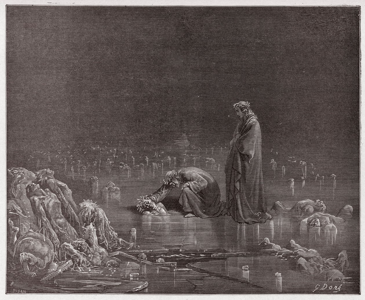 Jumalallinen komedia (La Divina Commedia, La Divine Comedie), Inferno, Canto 32: Dante puhuu petturi Bocca degli Abatia - kirjoittanut Dante Alighieri (1265-1321) - Kuvitus Gustave Doresta (1832-1883) tekijältä Gustave Dore