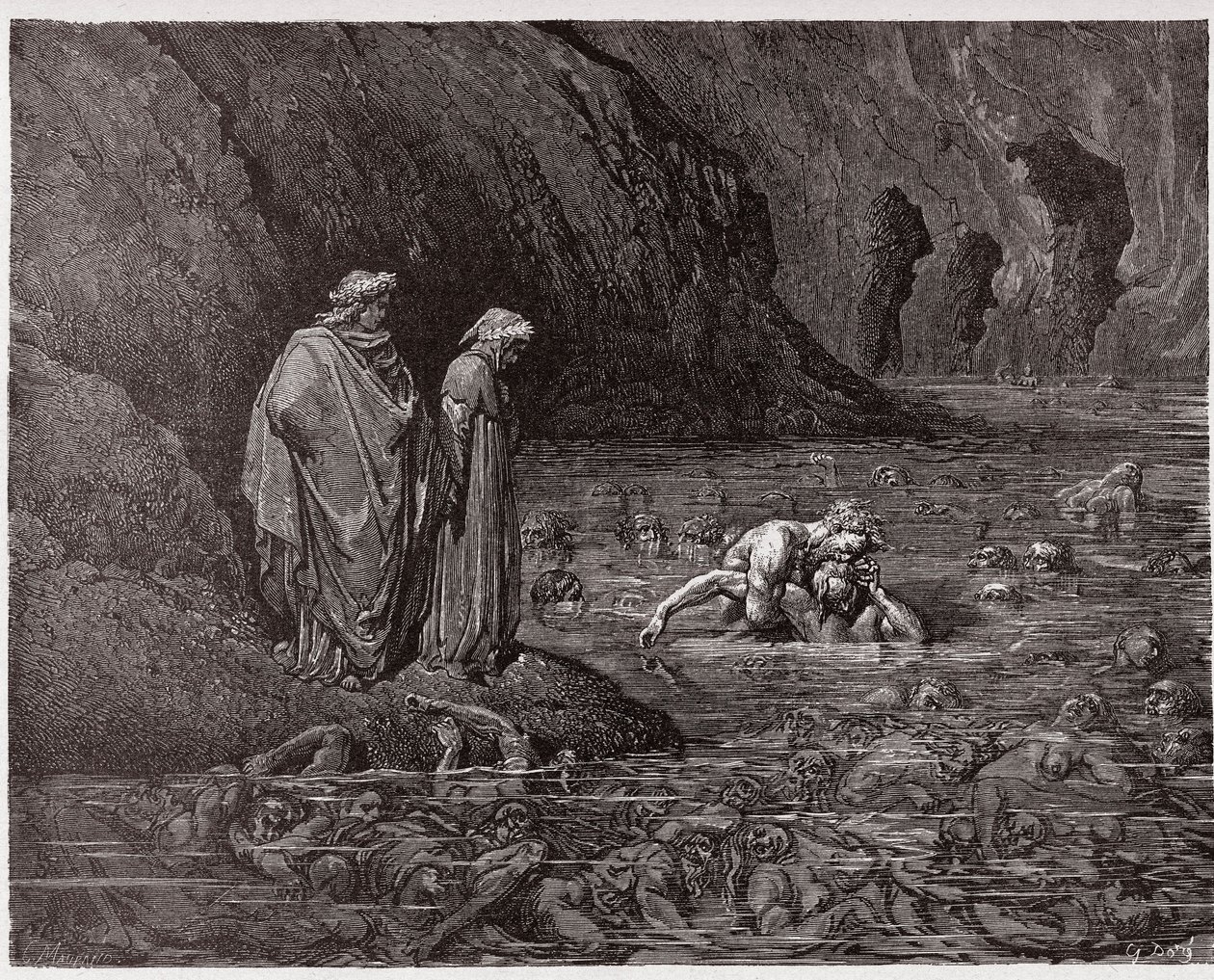 Jumalallinen komedia (La Divina Commedia, La Divine Comedie), Inferno, Canto 32: Ugolino puree arkkipiispa Ruggierin päätä - Dante Alighieri (1265-1321) - Gustave Doren (1832-1883) kuvitus tekijältä Gustave Dore