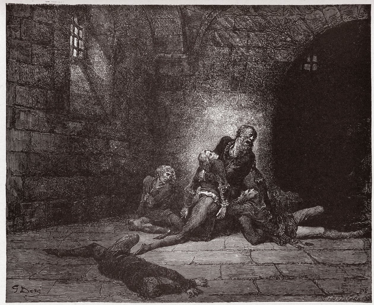 Jumalallinen komedia (La Divina Commedia, La Divine Comedie), Inferno, Canto 33: Gaddo kuolee isänsä silmien edessä - Dante Alighieri (1265-1321) - Gustave Doren (1832-1883) kuvitus tekijältä Gustave Dore