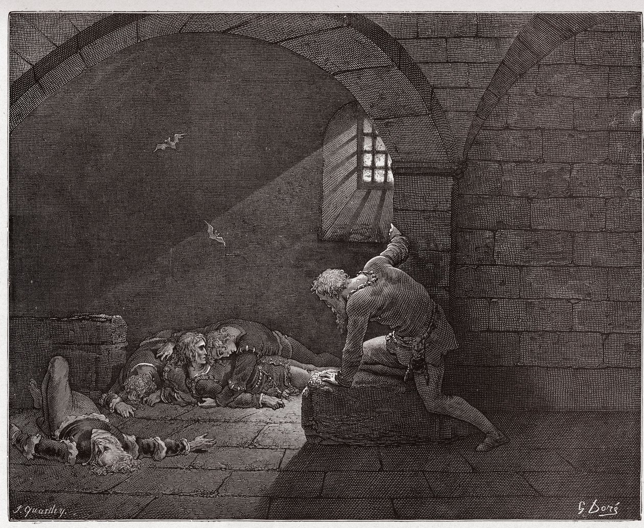 Jumalallinen komedia (La Divina Commedia, La Divine Comedie), Inferno, Canto 33: Ugolino sellissä neljän kuolleen poikansa kanssa - Dante Alighieri (1265-1321) - Kuvitus Gustave Dore (1832-1883) tekijältä Gustave Dore