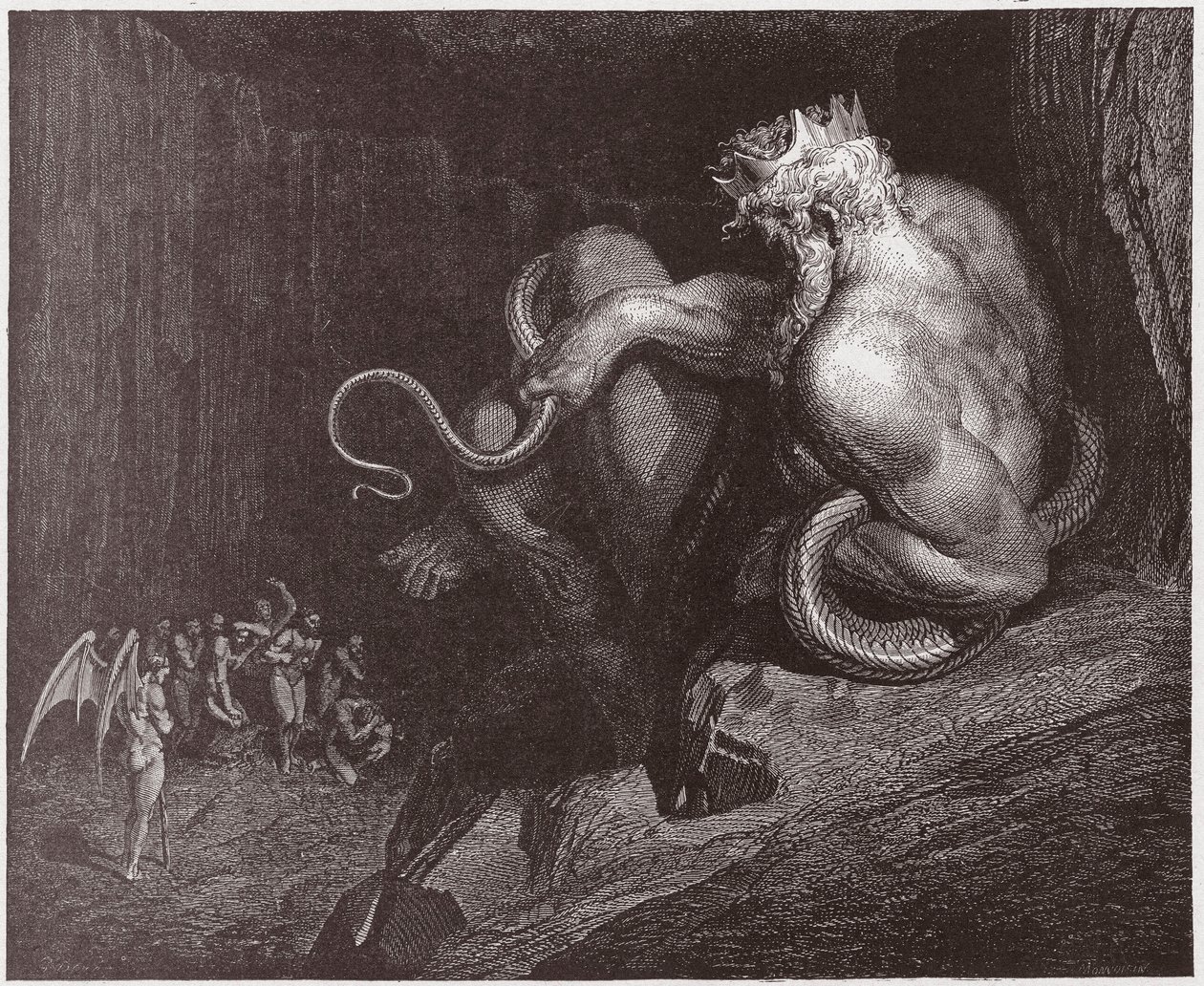 Jumalallinen komedia (La Divina Commedia, La Divine Comedie), Inferno, Canto 5: Minos tuomitsee rikkomukset ja lähettää sielut - Dante Alighieri (1265-1321) - Kuvitus Gustave Dore (1832-1883) tekijältä Gustave Dore