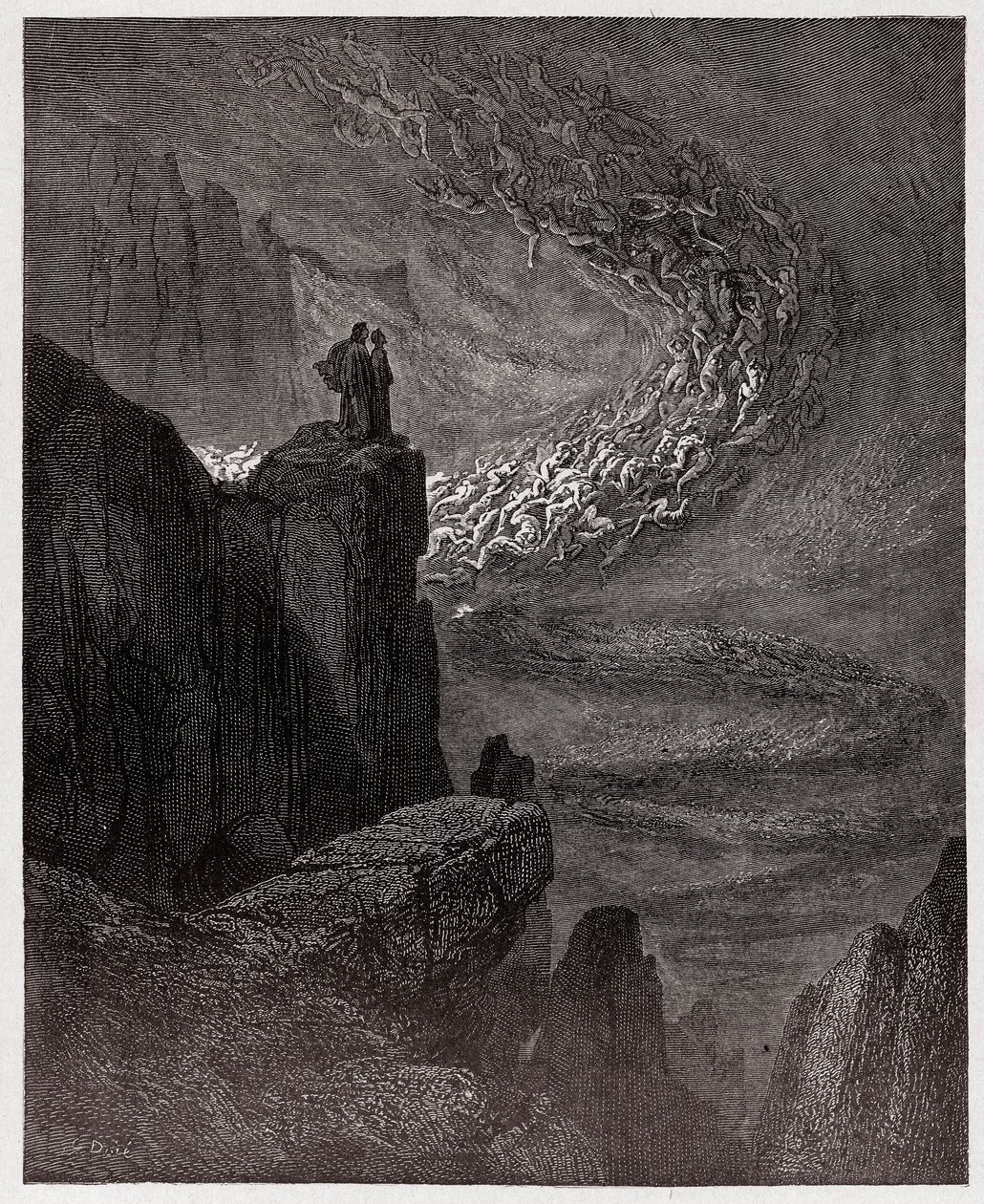 Jumalallinen komedia (La Divina Commedia, La Divine Comedie), Inferno, Canto 5: Minos tuomitsee rikkomukset ja lähettää sielut - Dante Alighieri (1265-1321) - Kuvitus Gustave Dore (1832-1883) tekijältä Gustave Dore