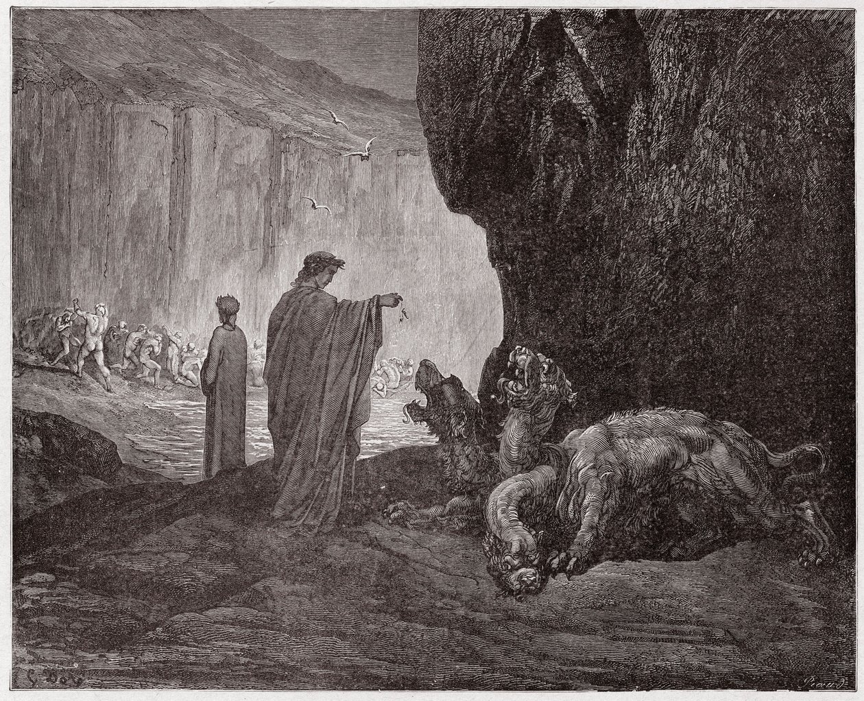 Jumalallinen komedia (La Divina Commedia, La Divine Comedie), Inferno, Canto 6: Vergilius ruokkii Cerberusta kolmannessa ympyrässä - Dante Alighieri (1265-1321) - Gustave Doren (1832-1883) kuvitus tekijältä Gustave Dore