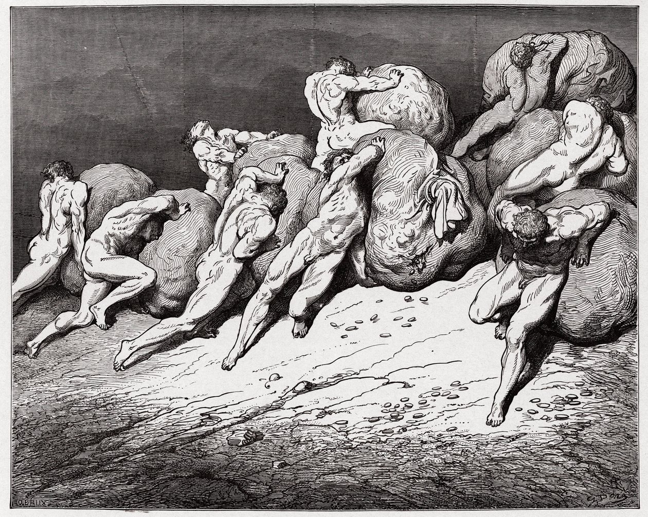 Jumalallinen komedia (La Divina Commedia, La Divine Comedie), Inferno, Canto 7: Ahneiden ja tuhlaajapojan sielut, jotka pakotettiin vierimään raskaita kiviä - Dante Alighieri (1265-1321) - Kuvitus Gustave Dore (1832-1883) tekijältä Gustave Dore