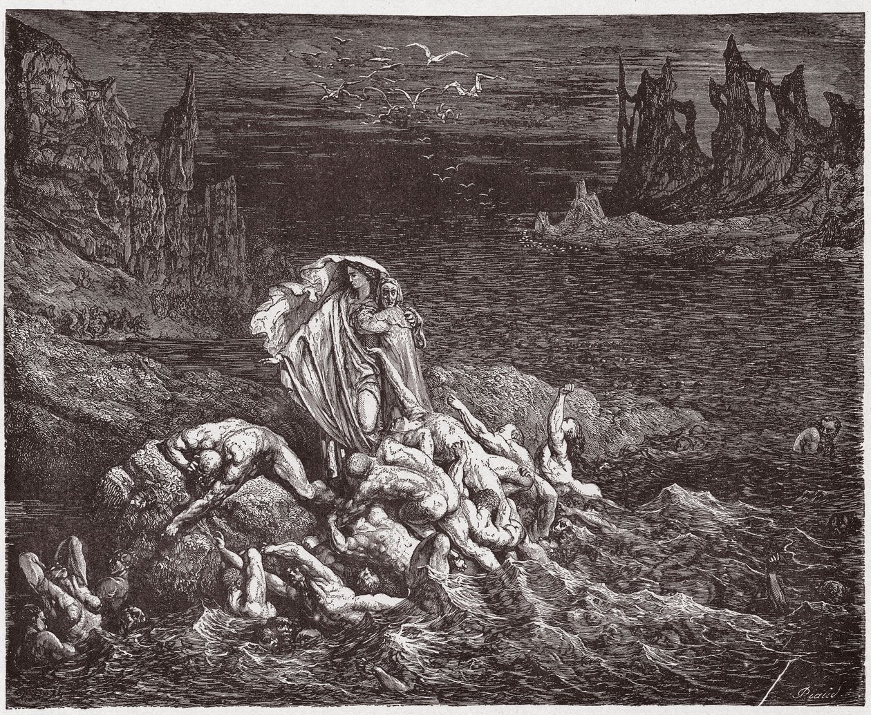 Jumalallinen komedia (La Divina Commedia, La Divine Comedie), Inferno, Canto 7: Vergilius näyttää Dantelle vihaisten sielut Styxissä - Dante Alighieri (1265-1321) - Kuvitus Gustave Doren (1832-1883) tekijältä Gustave Dore