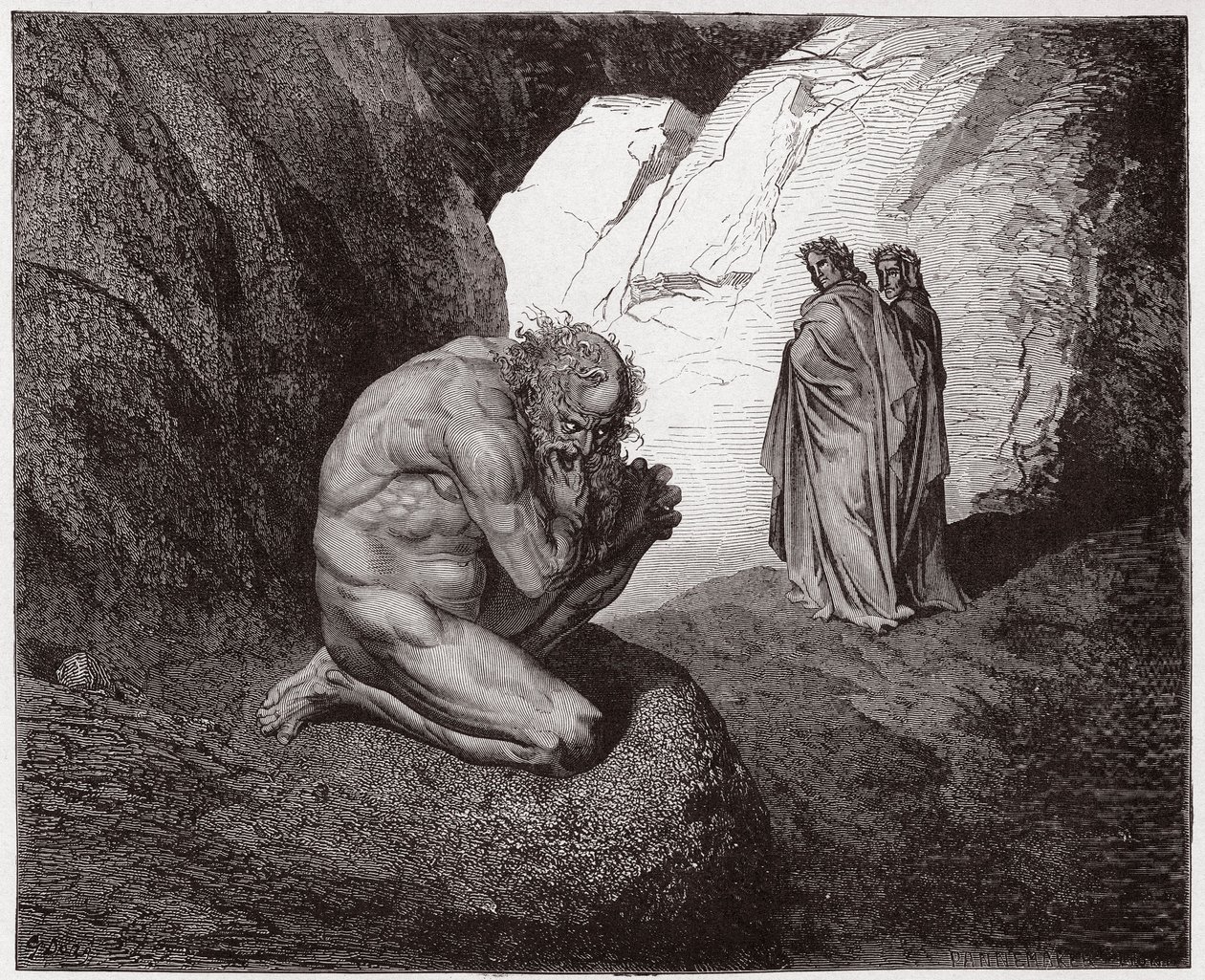 Jumalallinen komedia (La Divina Commedia, La Divine Comedie), Inferno, Canto 7: Vergilius nuhtelee Plutusta neljännen ympyrän sisäänkäynnissä - Dante Alighieri (1265-1321) - Kuvitus Gustave Doresta (1832-1883) tekijältä Gustave Dore