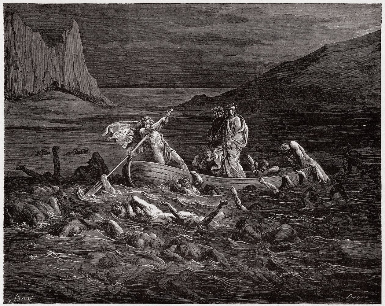 Jumalallinen komedia (La Divina Commedia, La Divine Comedie), Inferno, Canto 8: Phlegyasin lautat Dante ja Virgil Styxin poikki - Dante Alighieri (1265-1321) - Kuvitus Gustave Dore (1832-1883) tekijältä Gustave Dore