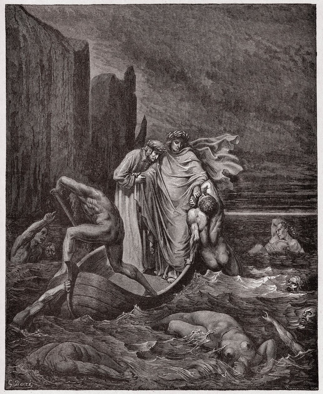 Jumalallinen komedia (La Divina Commedia, La Divine Comedie), Inferno, Canto 8: Firenzeläisen Philippo Argentin sielu puhuu runoilijoita Styxillä - Dante Alighieri (1265-1321) - Gustave Doren (1832-1883) kuvitus tekijältä Gustave Dore