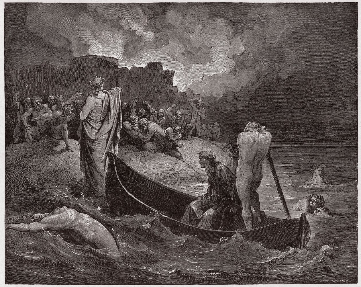Jumalallinen komedia (La Divina Commedia, La Divine Comedie), Inferno, Canto 8: Vergilius ja Dante poistuvat Disin linnoituksesta - Dante Alighieri (1265-1321) - Kuvitus Gustave Doresta (1832-1883) tekijältä Gustave Dore