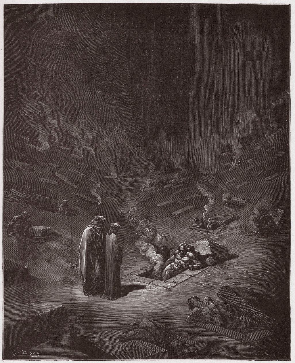 Jumalallinen komedia (La Divina Commedia, La Divine Comedie), Inferno, Canto 9: Harhaoppineiden palavat haudat - Dante Alighieri (1265-1321) - Kuvitus Gustave Dore (1832-1883) tekijältä Gustave Dore