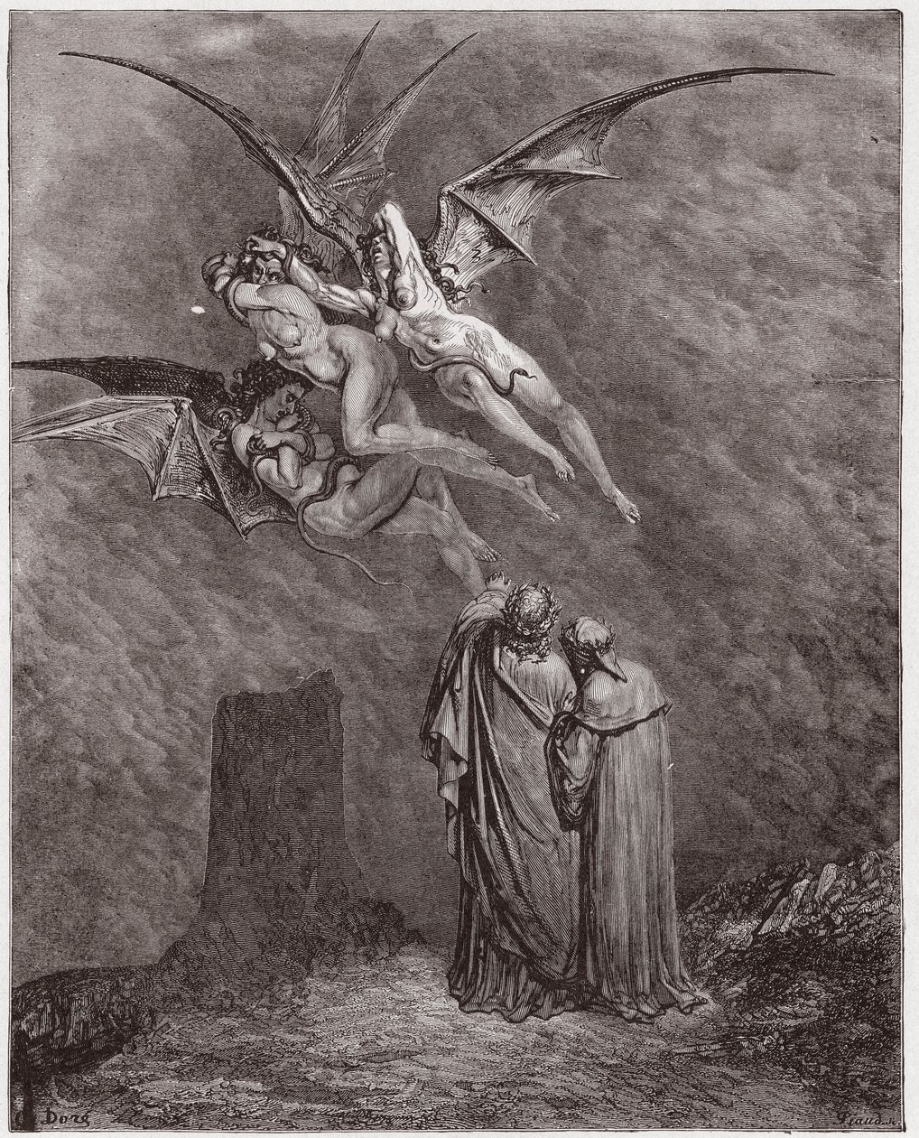 Jumalallinen komedia (La Divina Commedia, La Divine Comedie), Inferno, Canto 9: Inhottava Eronyes: Megaera, Tisphone, Alecto - Dante Alighieri (1265-1321) - Kuvitus Gustave Dore (1832-1883) tekijältä Gustave Dore
