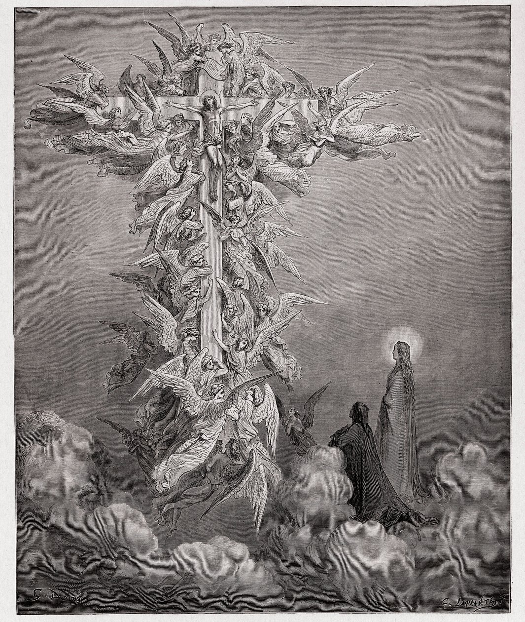 Jumalallinen komedia (La Divina Commedia, La Divine Comedie), Paradiso, Canto 14: Dante ja Beatrice näkevät enkelit Kristuksen kanssa ristillä - Dante Alighieri (1265-1321) - Gustave Doren (1832-1883) kuvitus tekijältä Gustave Dore