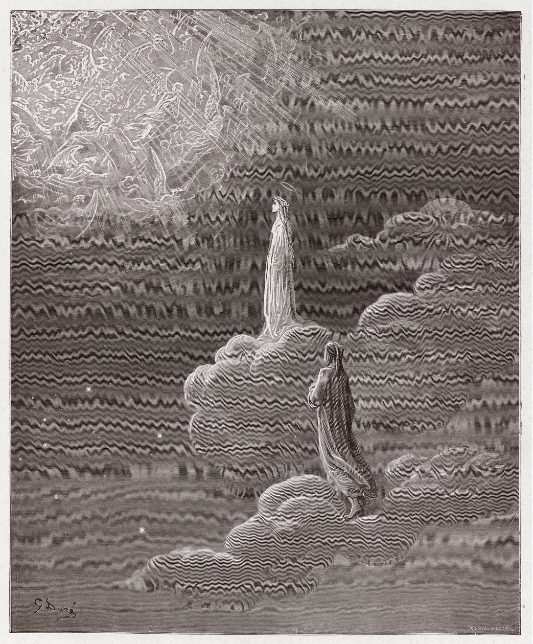 Jumalallinen komedia (La Divina Commedia, La Divine Comedie), Paradiso, Canto 14: Dante ja Beatrice käännettynä Marsin sfääriin - Dante Alighieri (1265-1321) - Gustave Doren (1832-1883) kuvitus tekijältä Gustave Dore