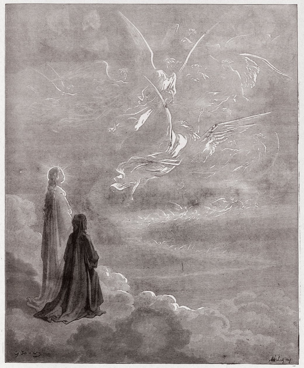 Jumalallinen komedia (La Divina Commedia, La Divine Comedie), Paradiso, Canto 18: Dante ja Beatrice käännettynä Jupiterin sfääriin - Dante Alighieri (1265-1321) - Kuvitus Gustave Dore (1832-1883) tekijältä Gustave Dore