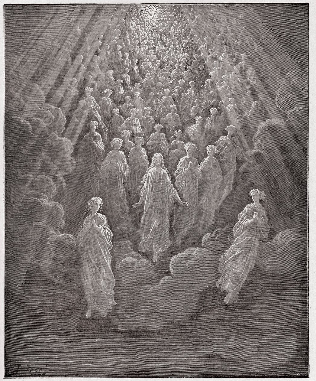 Jumalallinen komedia (La Divina Commedia, La Divine Comedie), Paradiso, Canto 5: Lukemattomien hehkuvien sielujen joukko toisessa valtakunnassa - Dante Alighieri (1265-1321) - Gustave Doren (1832-1883) kuvitus tekijältä Gustave Dore