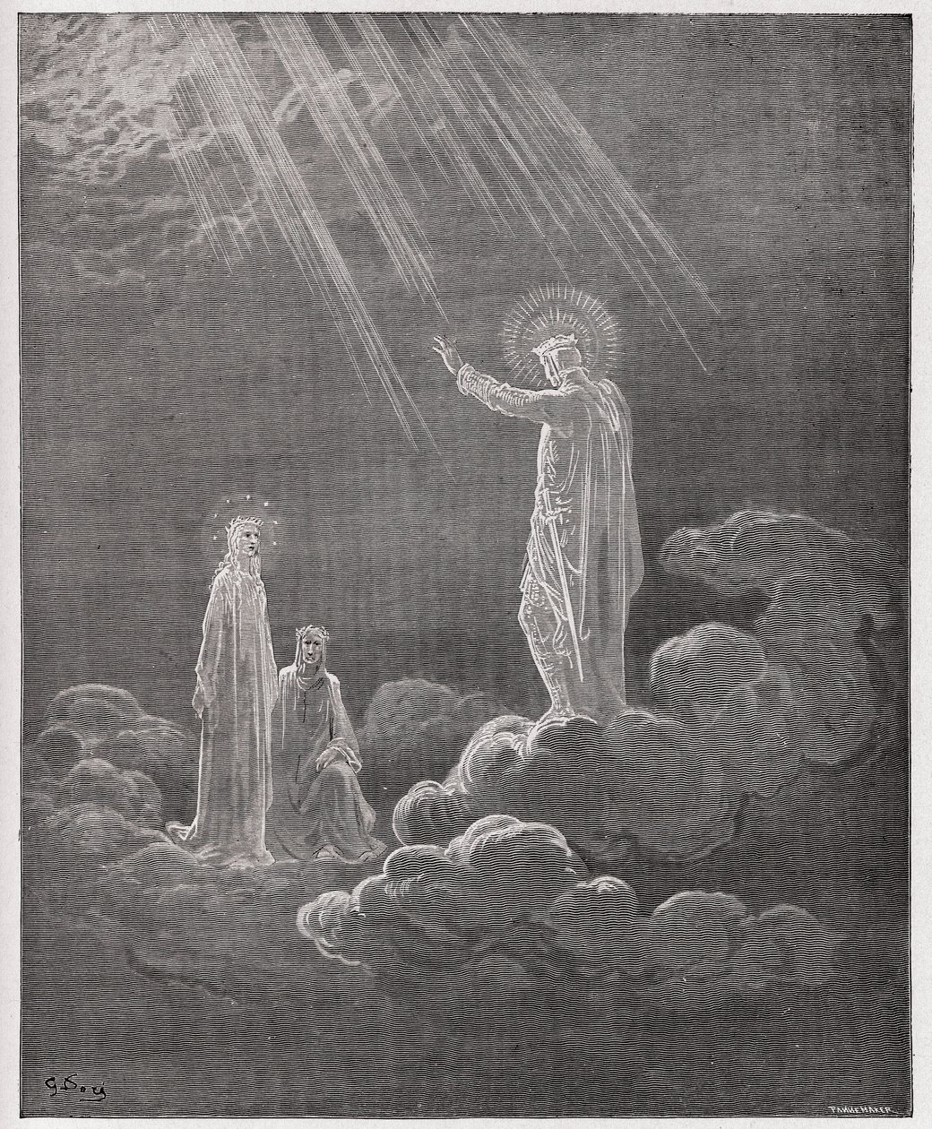Jumalallinen komedia (La Divina Commedia, La Divine Comedie), Paradiso, Canto 8: Charles Martel puhuu Dante ja Beatrice - kirjoittanut Dante Alighieri (1265-1321) - Kuvitus Gustave Dore (1832-1883) tekijältä Gustave Dore