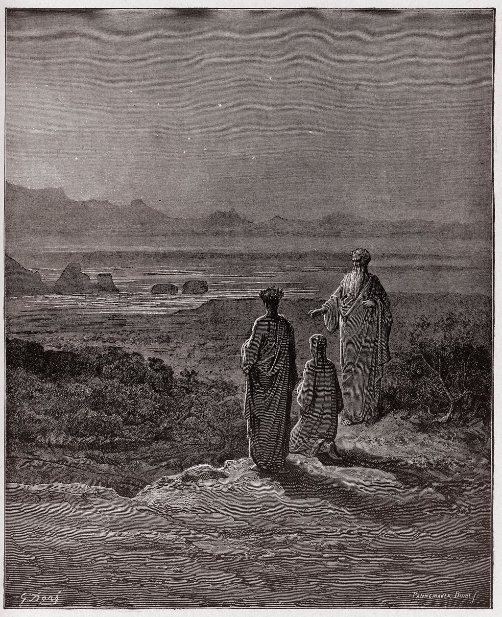 Jumalallinen komedia (La Divina Commedia, La Divine Comedie), Purgatorio, Canto 1: Dante polvistuu Statiuksen eteen - Dante Alighieri (1265-1321) - Kuvitus Gustave Doresta (1832-1883) tekijältä Gustave Dore