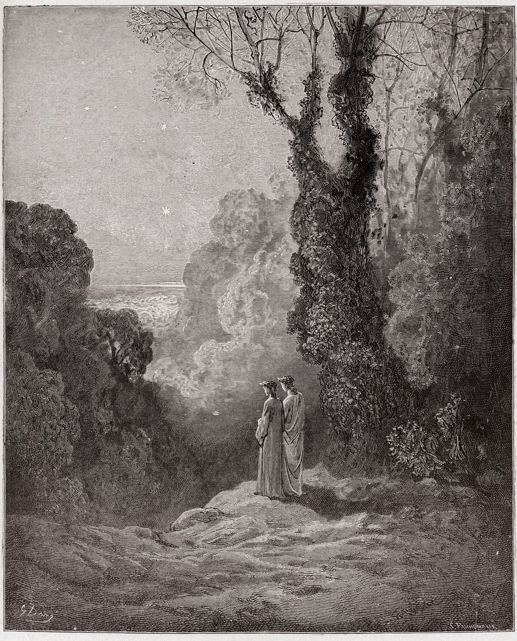 Jumalallinen komedia (La Divina Commedia, La Divine Comedie), Purgatorio, Canto 1: Runoilijat näkevät Venuksen kauneuden aamutaivaalla - Dante Alighieri (1265-1321) - Kuvitus Gustave Dore (1832-1883) tekijältä Gustave Dore