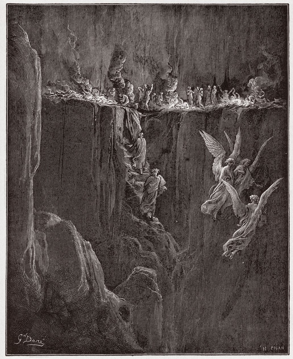 Jumalallinen komedia (La Divina Commedia, La Divine Comedie), Purgatorio, Canto 25: Vergilius ja Dante nousevat seitsemännelle kehälle liekkien läpi - Dante Alighieri (1265-1321) - Kuvitus Gustave Doren (1832-1883) tekijältä Gustave Dore