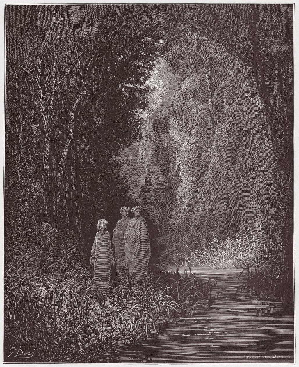 Jumalallinen komedia (La Divina Commedia, La Divine Comedie), Purgatorio, Canto 28: Dante, Vergilius ja Statius maanpäällisen paratiisin muinaisessa metsässä - Dante Alighieri (1265-1321) - Kuvitus Gustave Dore (1832-1883) ) tekijältä Gustave Dore