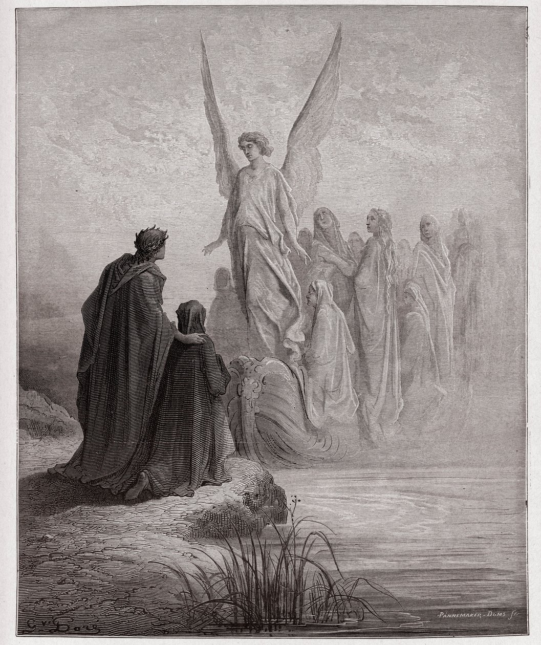 Jumalallinen komedia (La Divina Commedia, La Divine Comedie), Purgatorio, Canto 2: Taivaallinen luotsi laskeutuu veneeseen - Dante Alighieri (1265-1321) - Kuvitus Gustave Dore (1832-1883) tekijältä Gustave Dore