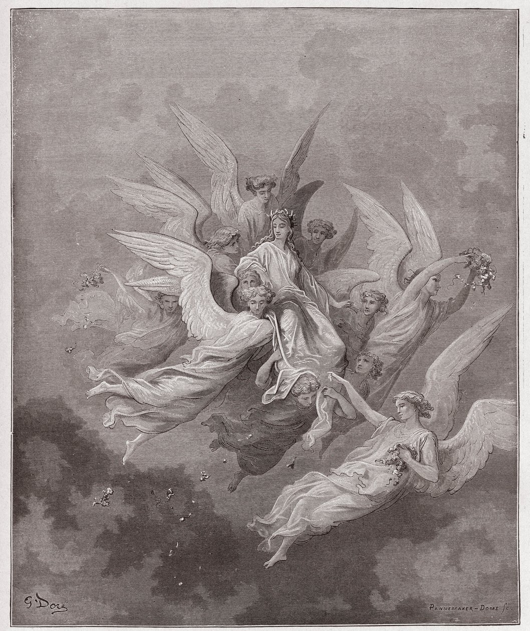 Jumalallinen komedia (La Divina Commedia, La Divine Comedie), Purgatorio, Canto 30: Beatrice enkelien joukossa - Dante Alighieri (1265-1321) - Kuvitus Gustave Dore (1832-1883) tekijältä Gustave Dore