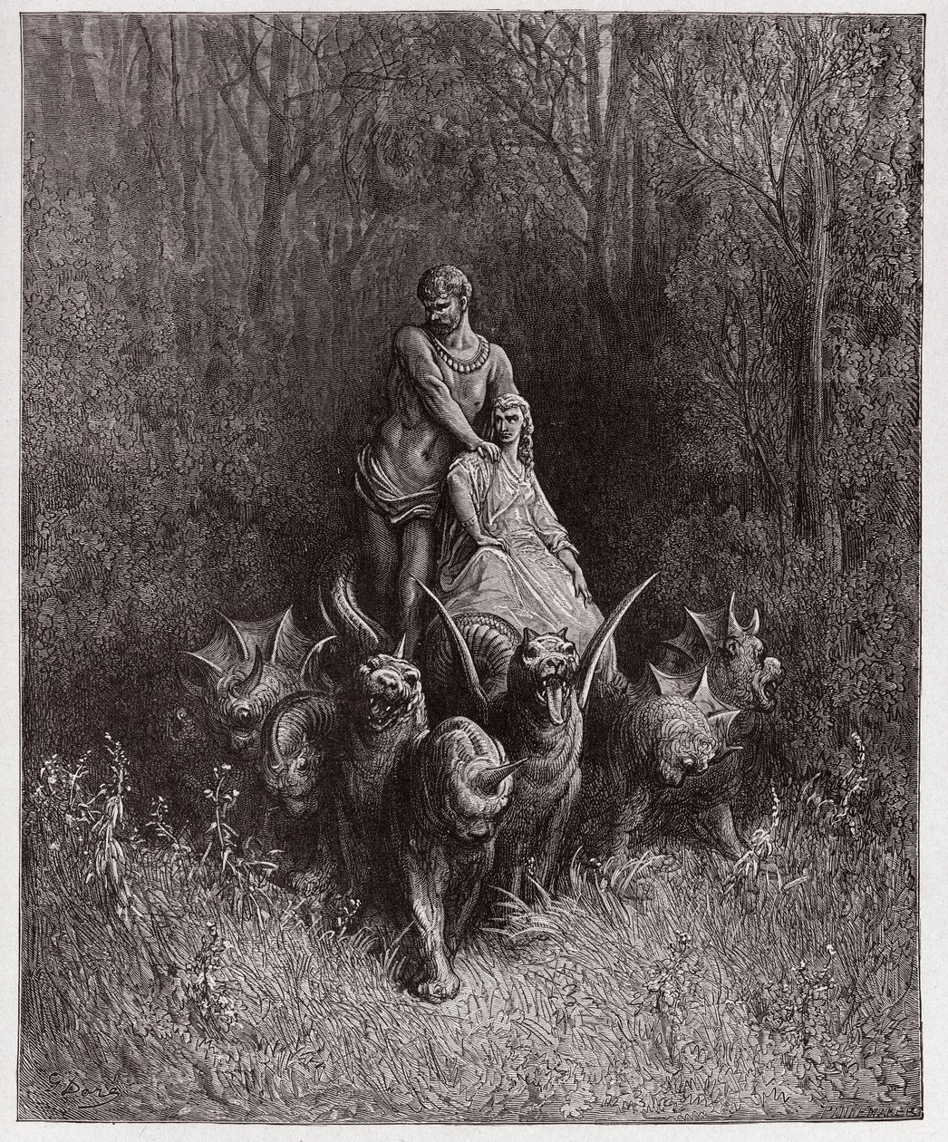 Jumalallinen komedia (La Divina Commedia, La Divine Comedie), Purgatorio, Canto 32: Jättiläinen ja portto vaunuissa - Dante Alighieri (1265-1321) - Kuvitus Gustave Dore (1832-1883) tekijältä Gustave Dore